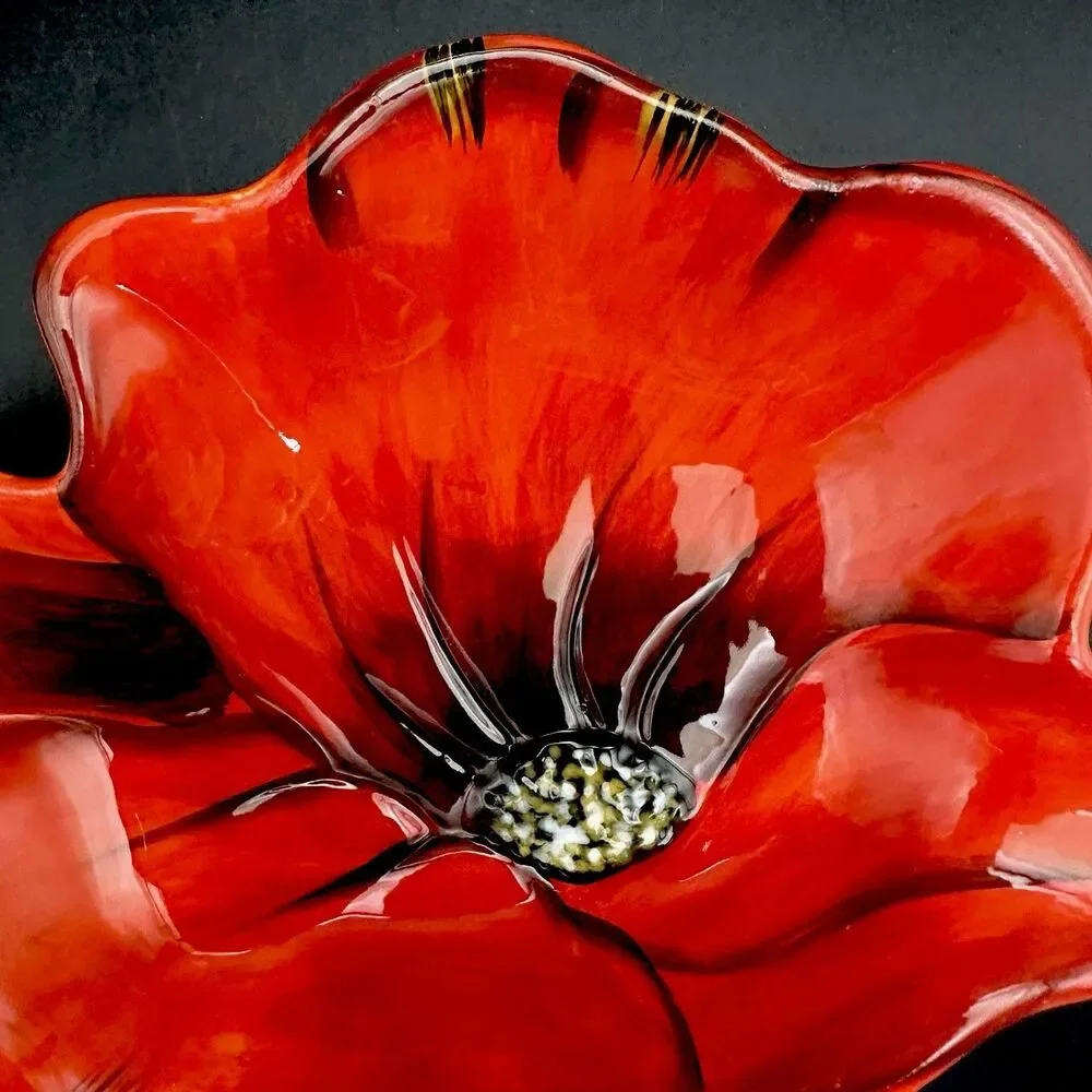 Vintage Clay Art Poppies Red Flower Shaped Ceramic Serving Bowl Dish 10.5”